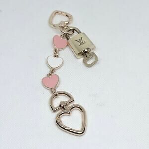 Louis Vuitton Lock & Key #319 w/ a Pink White Heart Enamel Bag Charm Keychain